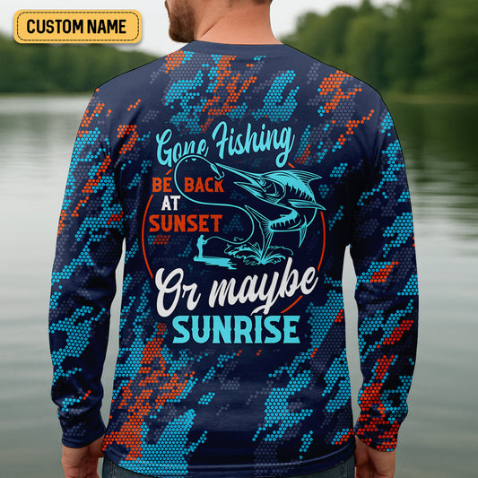 Joycorners Marlin Fishing SPF Shirts, Gone Fishing Be Back At Sunset Or Maybe Sunrise Shirts For Men, Funny Fisherman Gift