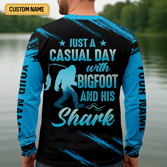 Joycorners Just A Casual Day With Bigfoot And His Shark Fishing UPF Shirts, Funny Fishing Shirt, Presents For Fishermen