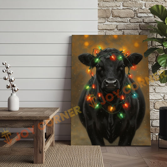 Joycorner Black Angus Cow Christmas Lights 3D Wrapped Canvas