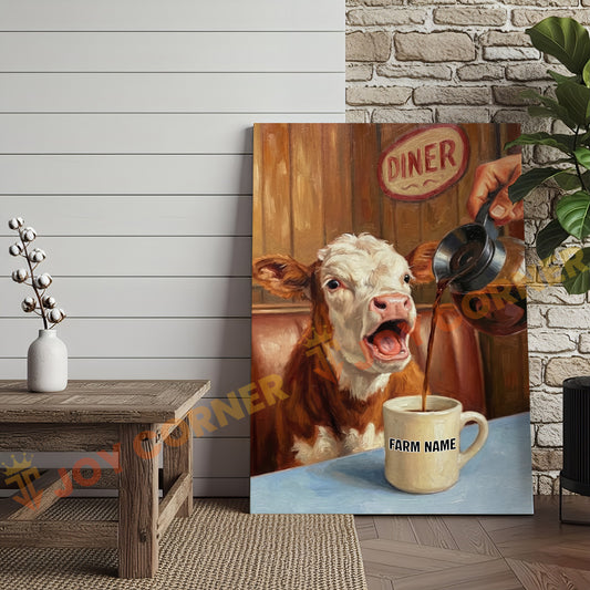 Joycorners Cattle Cow Funny Hereford Cow Drinking Coffee In Diner Personalized Name Canvas