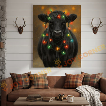 Joycorner Black Angus Cow Christmas Lights 3D Wrapped Canvas