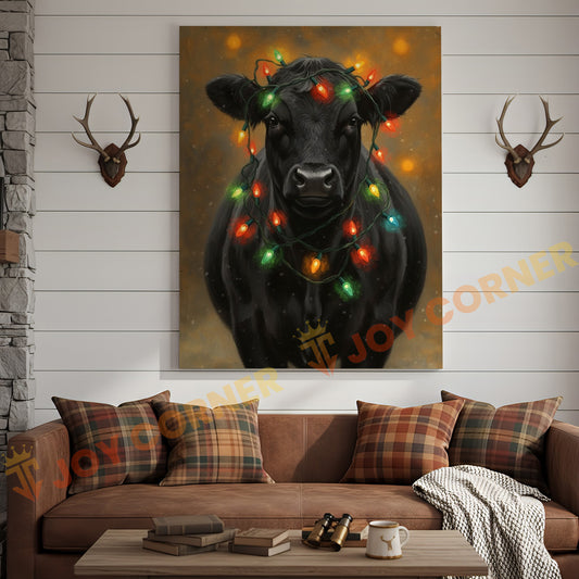Joycorner Black Angus Cow Christmas Lights 3D Wrapped Canvas