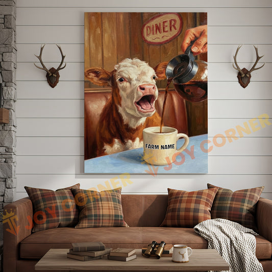 Joycorners Cattle Cow Funny Hereford Cow Drinking Coffee In Diner Personalized Name Canvas