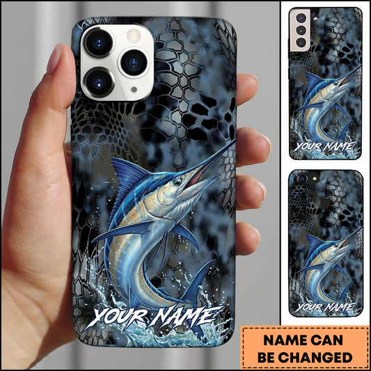 Joycorners Marlin Fishing Phone Case  Dark Hexagon Texture Smoke Blue Art Personalized Name Phone Case