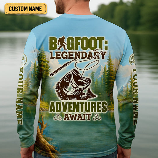 Joycorners Bigfoot Legendary Adventures Await Bass Fishing Shirt, Funny Fishing Shirt, Presents For Fishermen