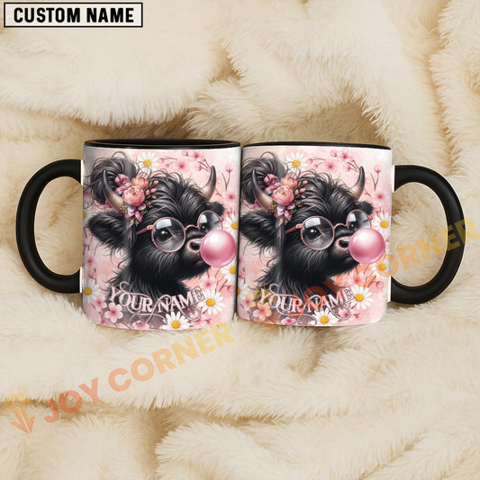 Joycorners Black Angus Cow Bubblegum Flower Glasses Custom Name Mug