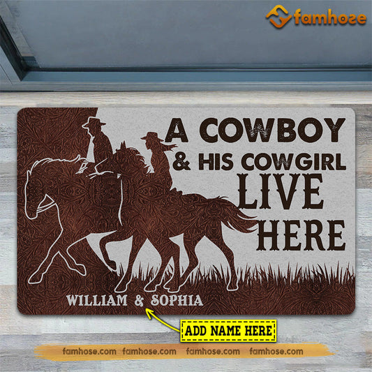 Joycorners Personalized Cowboy Doormat, A Cowboy His Cowgirl Live Here Gift For Horse Lovers, New Home Gift, Housewarming Gift, Horse Decor LM0210