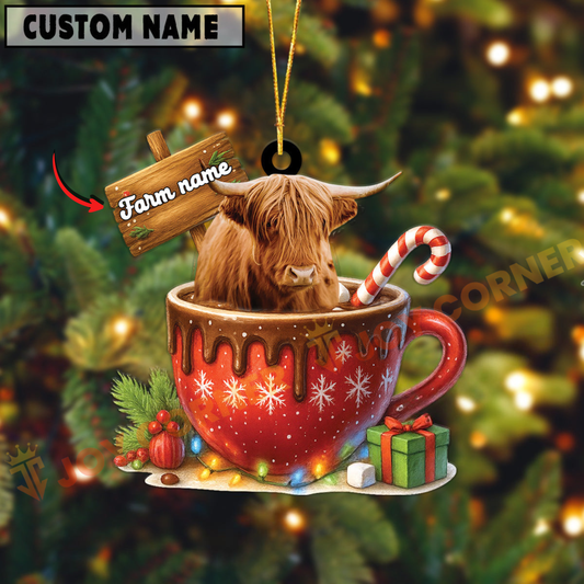 Joycorners Personalized Highland Moo-ry Christmas Cocoa Mug Acrylic Ornament