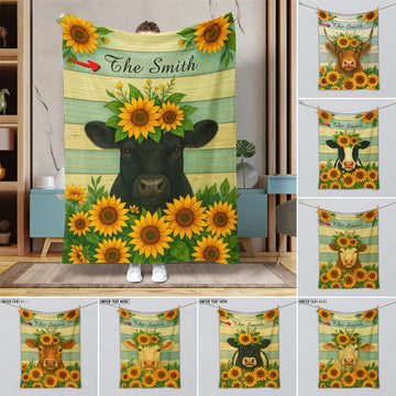 Joycorners Sunflower Cattle On Farm Personalized Name Blanket