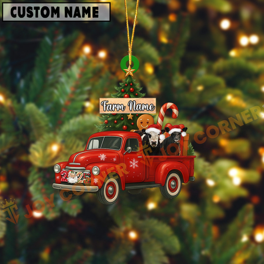 Joycorners Personalized Belted Galloway Ornament – Red Christmas Truck & Farm Name Custom Shape Acrylic Ornament