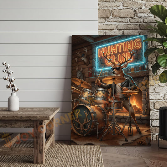 Joycorners Deer Drummer in Hunting Club with Neon Lights Wrapped Canvas