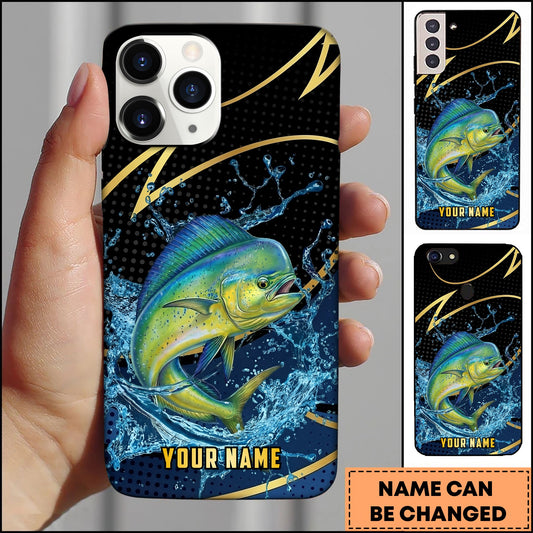 Joycorners Mahi-mahi Fishing Phone Case Dynamic Water Splash Black Gold Line Personalized Name Phone Case