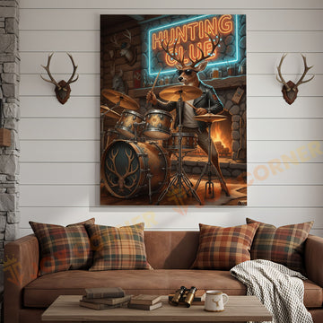 Joycorners Deer Drummer in Hunting Club with Neon Lights Wrapped Canvas