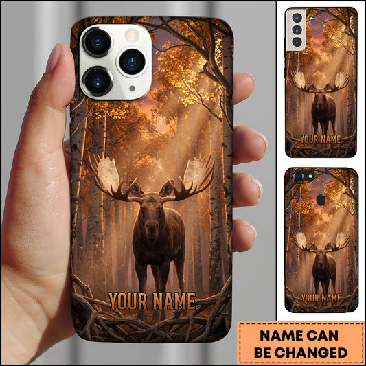 Joycorners Artist Hunting Moose Golden Autumn Birch Forest Sunset Personalized Name Phone Case