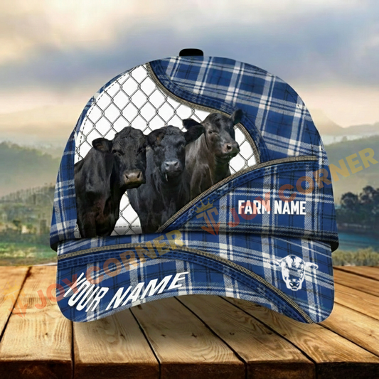 Joycorners Blue Plaid Pattern Cows, Custom Name Cattle Cap (8 Cattle Breeds)