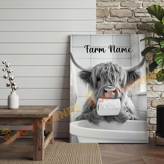 Joycorners Cattle Cow Funny Highland Cow In Bathroom Holding Toilet Paper Personalized Name Canvas