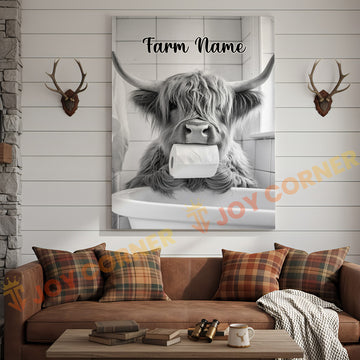Joycorners Cattle Cow Funny Highland Cow In Bathroom Holding Toilet Paper Personalized Name Canvas