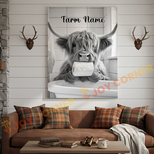 Joycorners Cattle Cow Funny Highland Cow In Bathroom Holding Toilet Paper Personalized Name Canvas
