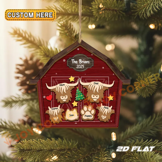 Joycorners Christmas Highland Cow Family Barn House, Custom Name Acrylic Ornament