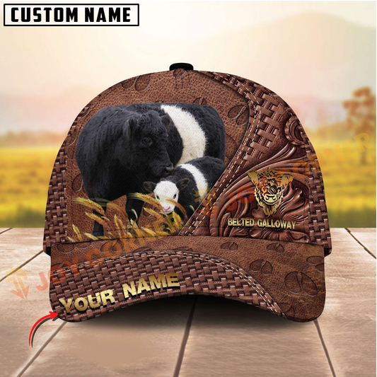Joycorners Belted Galloway Cattle Rustic Tooled Leather Customized Name 3D Classic Cap