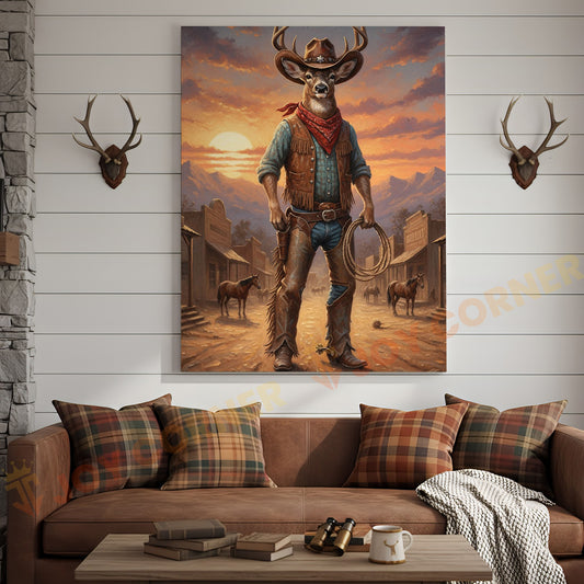 Joycorners Cowboy Deer Standing in Sunset Western Town Wrapped Canvas