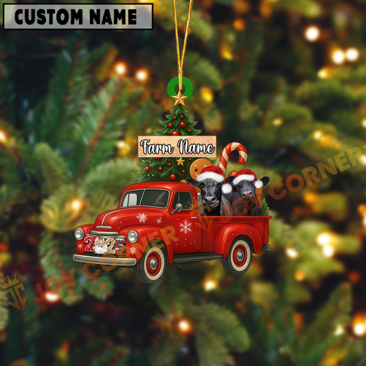 Joycorners Personalized Black Angus Ornament – Red Christmas Truck & Farm Name Custom Shape Acrylic Ornament