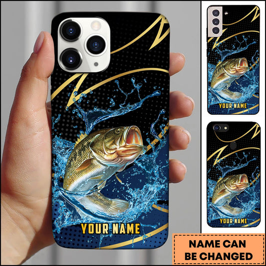 Joycorners Bass Fishing Phone Case Dynamic Water Splash Black Gold Line Personalized Name Phone Case