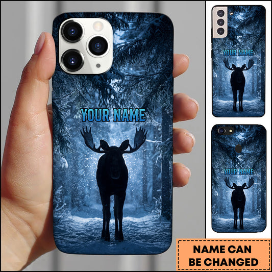 Joycorners Artist Hunting Moose Silhouette Blue Winter Snowy Forest Personalized Name Phone Case