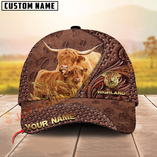 Joycorners Highland Cattle Rustic Tooled Leather Customized Name 3D Classic Cap