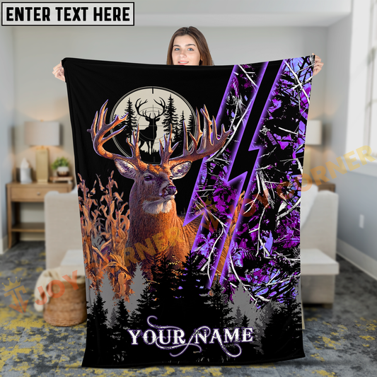 Joycorners Deer Hunting Buck Lightning Strike Purple Camo Forest Personalized 3D Blanket