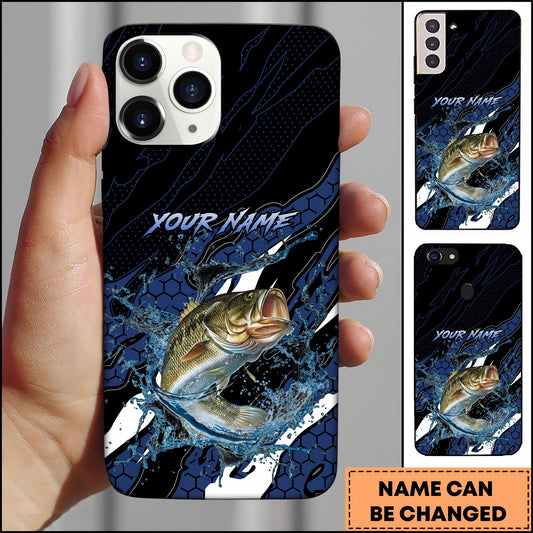 Joycorners Bass Fishing Phone Case Hexagon Tech Pattern Blue Splash Personalized Name Phone Case