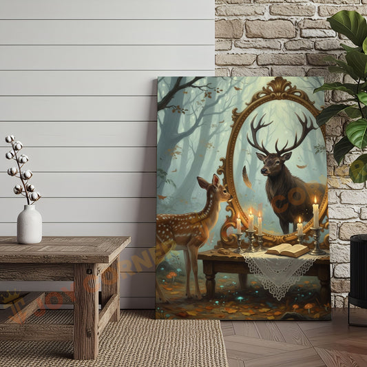 Joycorners Deer Fawn Looking in Magic Mirror Forest Scene Wrapped Canvas