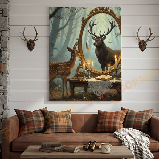 Joycorners Deer Fawn Looking in Magic Mirror Forest Scene Wrapped Canvas