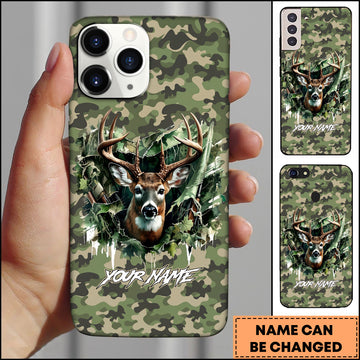 Joycorners Artist Hunting - Deer Breaking Through Camo Green Personalized Name Phone Case