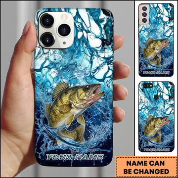Joycorners Walleye Fishing Phone Case Blue Water Splash Fish Art Personalized Name 3D Phone Case