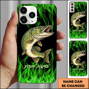 Joycorners Pike Neon Green Flame Black Background Art Personalized Name Phone Case