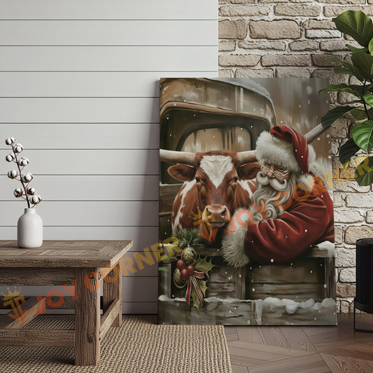 Joycorner Longhorn Cow With Santa Claus Christmas Scene 3D Wrapped Canvas