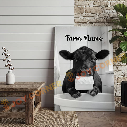 Joycorners Cattle Cow Funny Black Angus Cow In Bathroom Holding Toilet Paper Personalized Name Canvas
