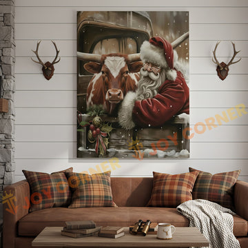 Joycorner Longhorn Cow With Santa Claus Christmas Scene 3D Wrapped Canvas