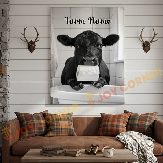 Joycorners Cattle Cow Funny Black Angus Cow In Bathroom Holding Toilet Paper Personalized Name Canvas