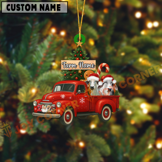 Joycorners Personalized Brahman Ornament – Red Christmas Truck & Farm Name Custom Shape Acrylic Ornament