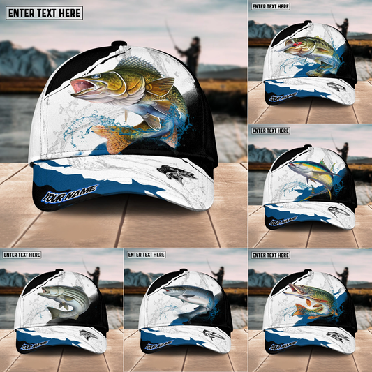 Joycorners Fishing Black White Water Flow Pattern Sport Pattern Personalized Name 3D Cap (11 Breeds)