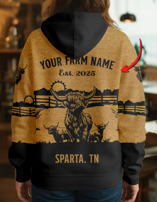 Joycorners Highland Farm Life Ranch Coir Pattern Personalized Name, Farm Name Unisex 3D Hoodie