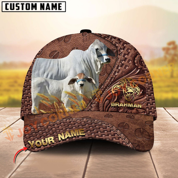 Joycorners Brahman Cattle Rustic Tooled Leather Customized Name 3D Classic Cap