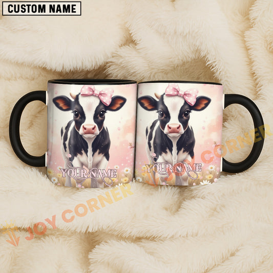 Joycorners Cute Black and White Holstein Calf Pink Bow Custom Name Mug