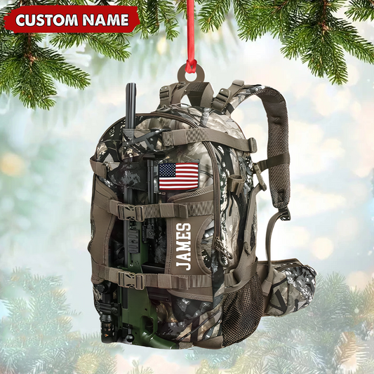 Joycorners Custom Hunting Backpack Acrylic Ornament – Personalized Tactical Gift for Hunters & Veterans MT1111
