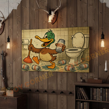 Joycorners Duck Cartoon with Beer Cans in Bathroom Wrapped Canvas