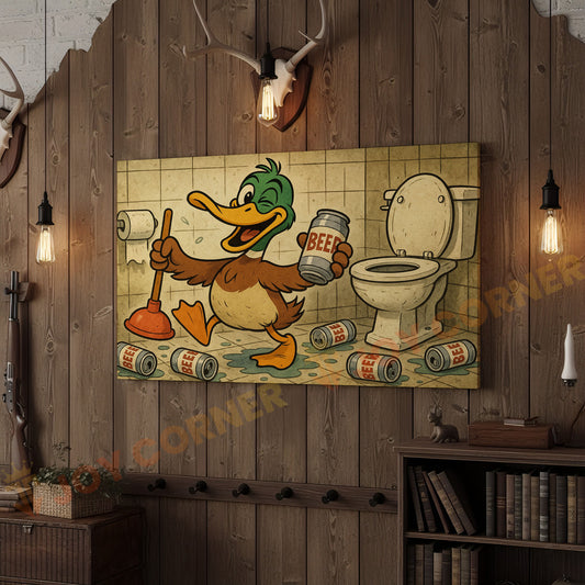 Joycorners Duck Cartoon with Beer Cans in Bathroom Wrapped Canvas
