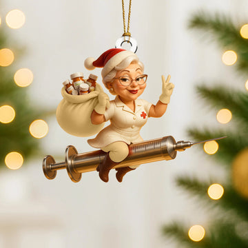 Joycorners Funny Nurse Christmas Ornament, Custom Healthcare Worker Ornament, Santa Nurse Riding Syringe, Unique RN Xmas Gift | White
 2D Flat LM1711