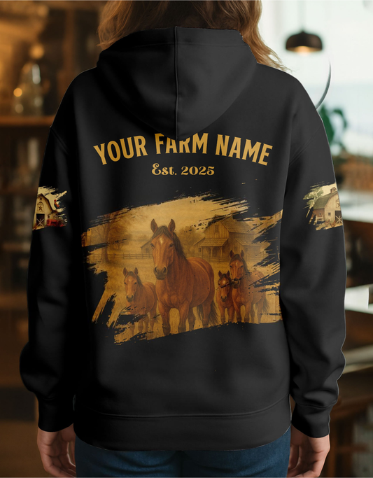 Joycorners Horse Farm Life Black Cattle Personalized Name, Farm Name Unisex 3D Hoodie